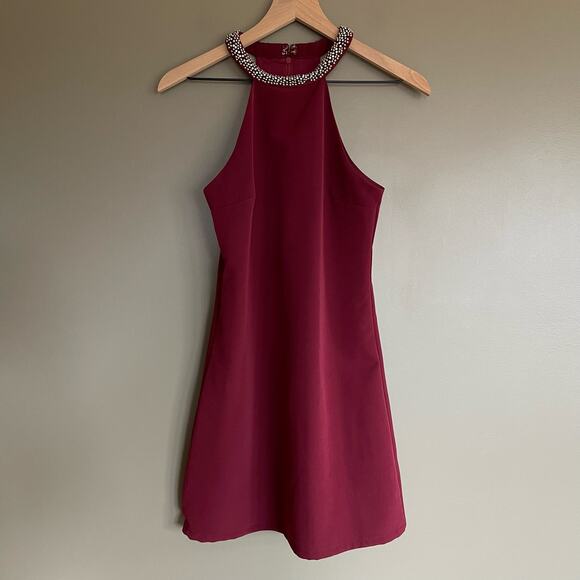 Lulu's‎ Comely Beaded Burgundy Dress Size Small Red Purple Embellished High Neck - Picture 4 of 16